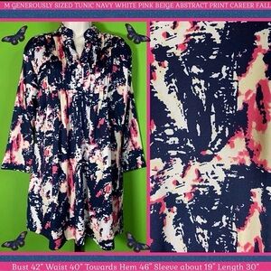 EUC  M TUNIC NAVY WHITE PINK BEIGE ABSTRACT PRINT MOM TOP GENEROUSLY SIZED
